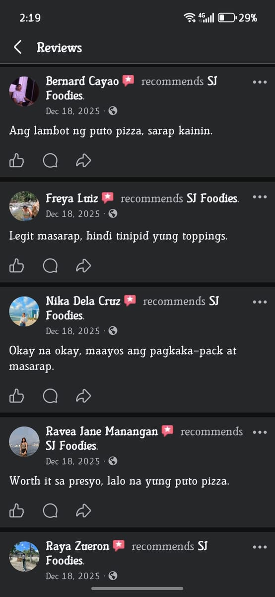 Multiple positive reviews for SJ Foodies Sta. Mesa