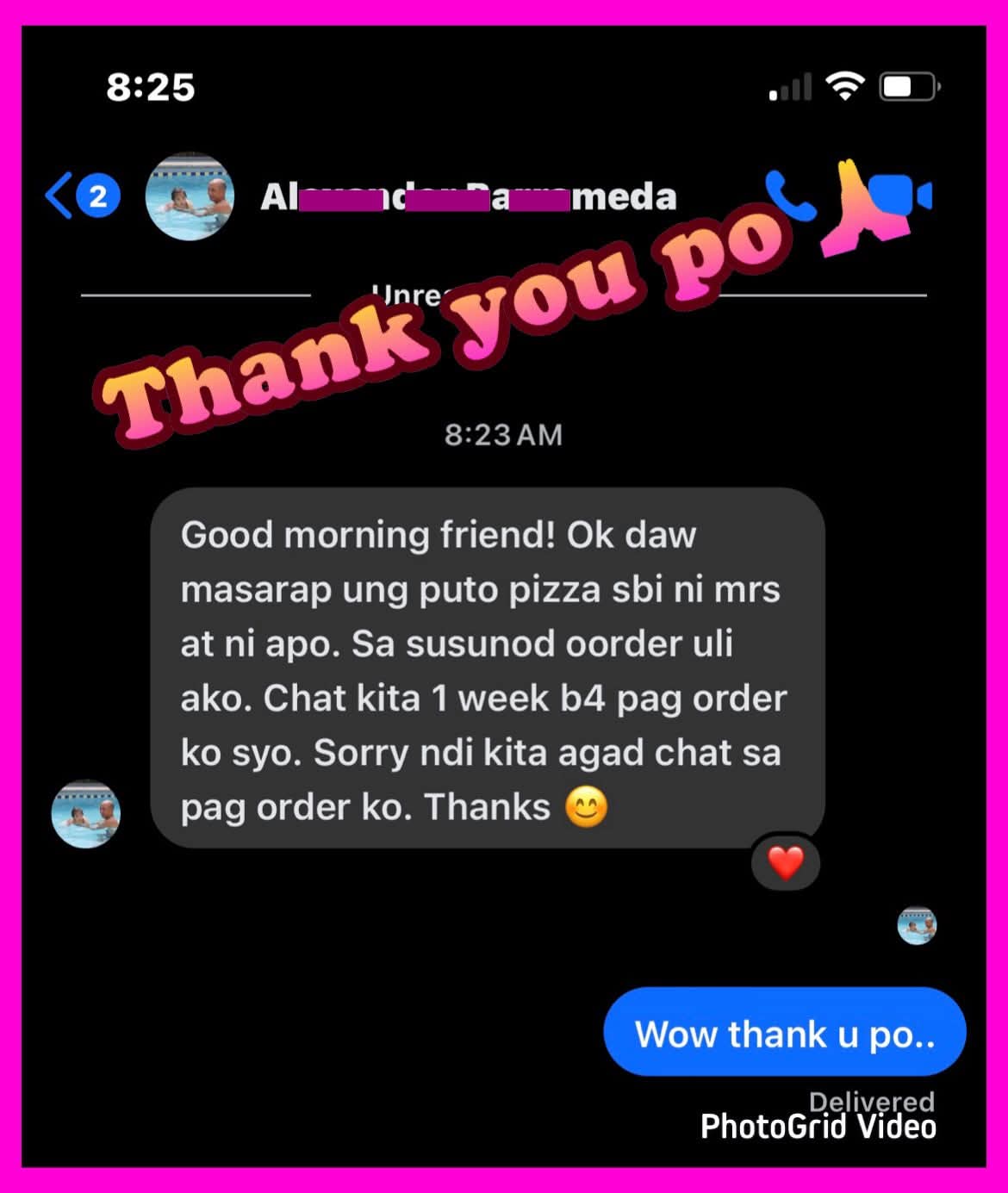 Customer review praising SJ Foodies comfort food delivery in Manila